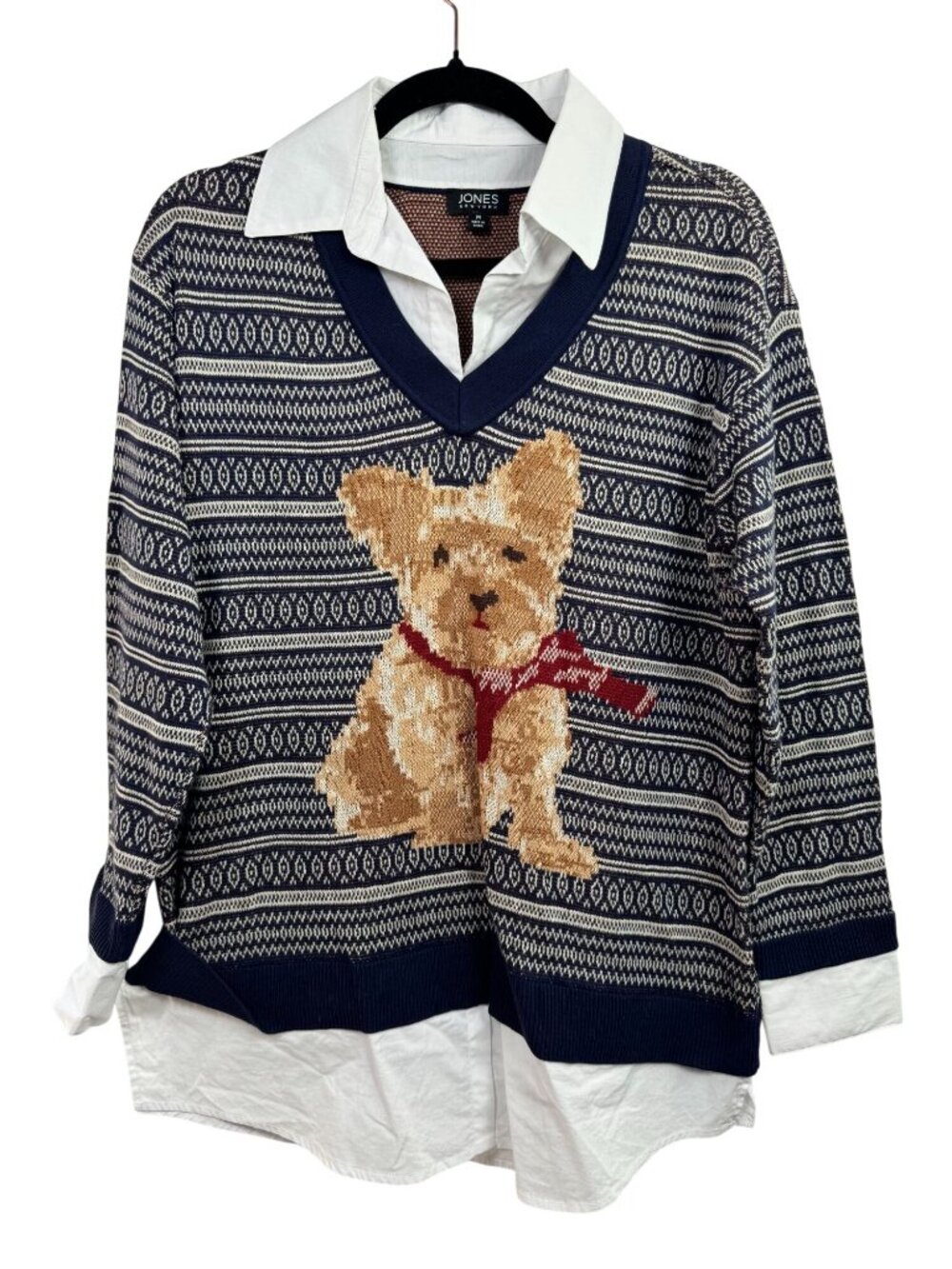 Jones New York Womens Dog Print Layered-Look Sweater Shirt Medium Blue Fair Isle